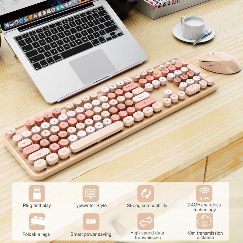 Nowlike Wireless Keyboard and Mouse, Full-Size Typewriter Keyboard with Retro Round Keycaps, Ergonomic Design, Compatible with Windows PCs, Ideal for Home and Office. (Milk Tea) - Image 2